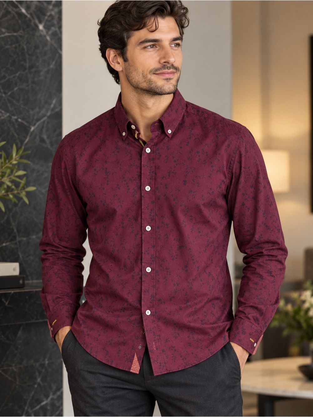 Ted Baker London Men's Burgundy Floral Button Down Shirt Size 4 Large Cotton